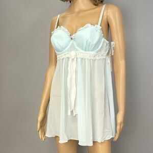 New Linea Donatella Chemise Size Medium Aqua Blue Chiffon Ruffle Lace Nighty NWD